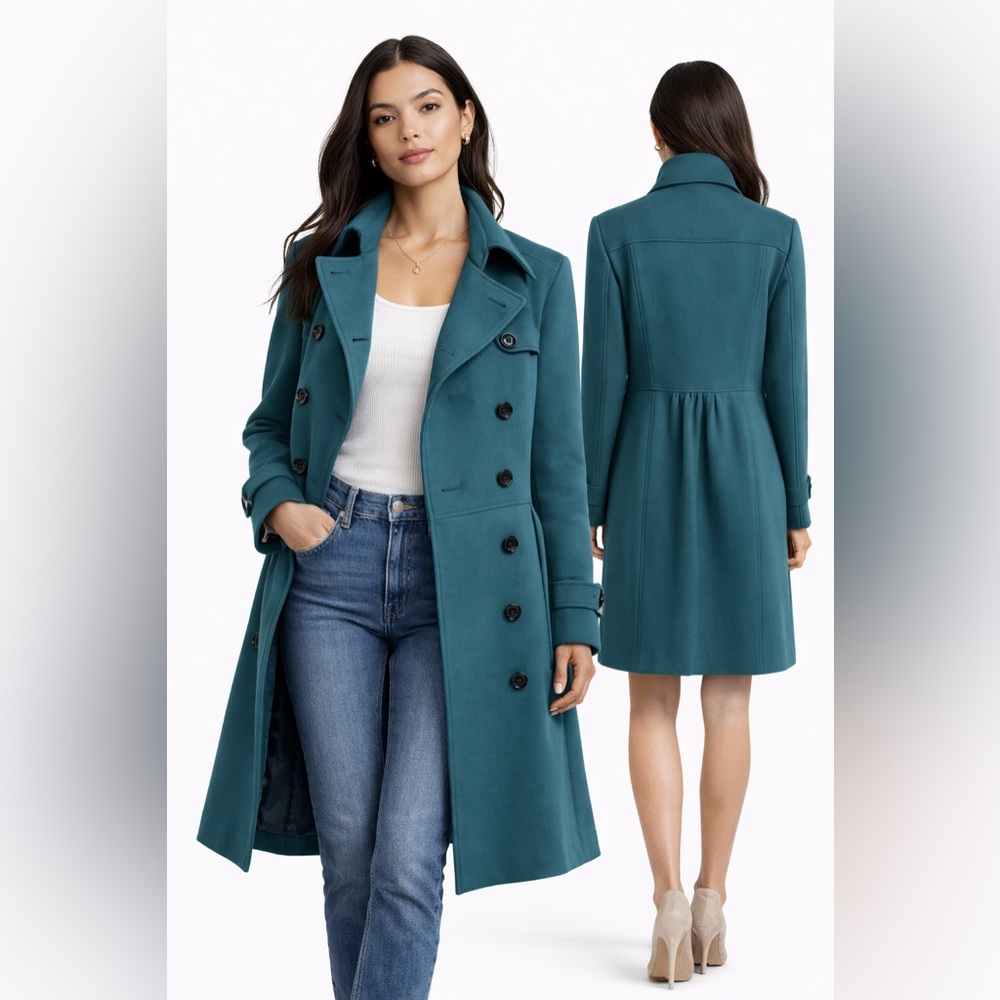 Burberry London Teal Double Breasted Coat Wool Blend UK14 | US 12